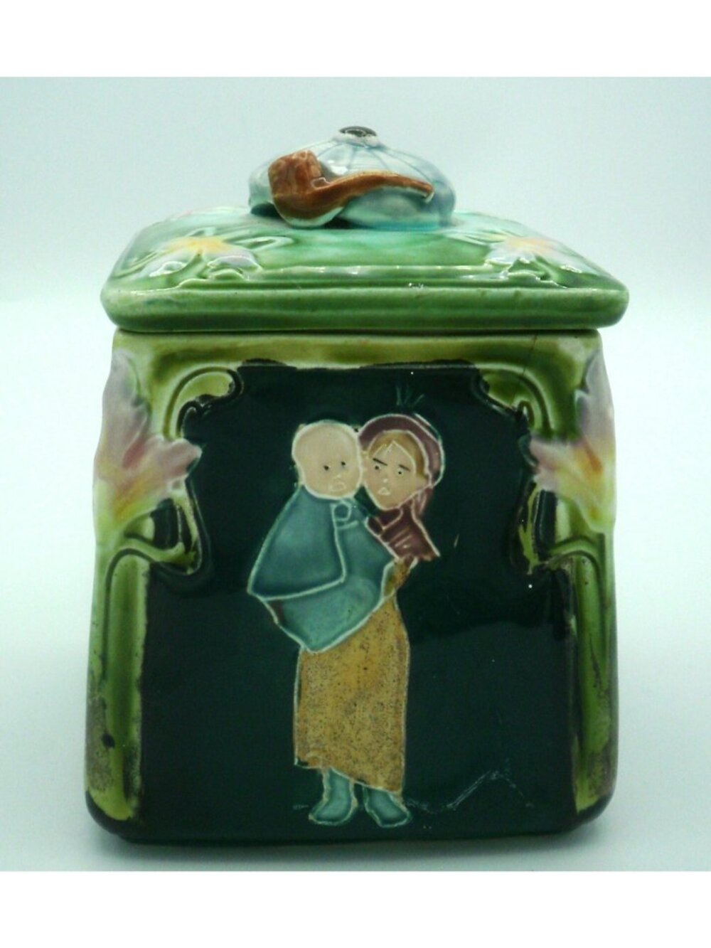 Antique Majolica Ceramic Storage Box Canister AS IS  Mother Baby Flowers